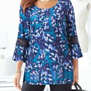Catherines Blue Print Knit Top /w Crochet Accent 3/4 Bell Slv ScoopNeck 4X-NWT